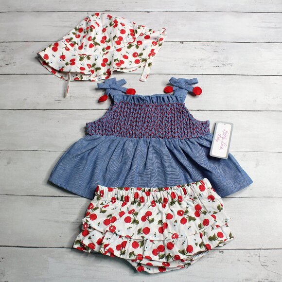 Little Lass Baby Girl's Short Set Bloomers Hat Size 12 Months Cherry Smocked - Picture 1 of 9